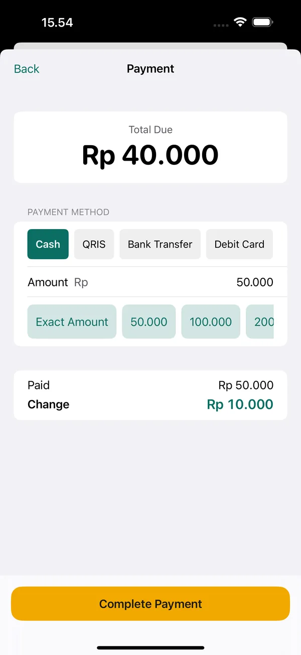 Payment screen: total due Rp 40.000, payment methods Cash, QRIS, Bank Transfer, and Debit Card, Rp 50.000 paid and Rp 10.000 change.