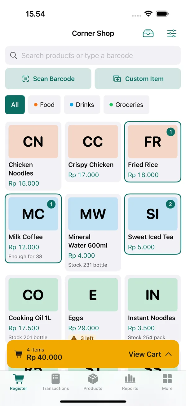 KasirPOS Register screen on iPhone for Corner Shop, with Scan Barcode and Custom Item buttons, a product grid, and a cart bar showing 4 items for Rp 40.000