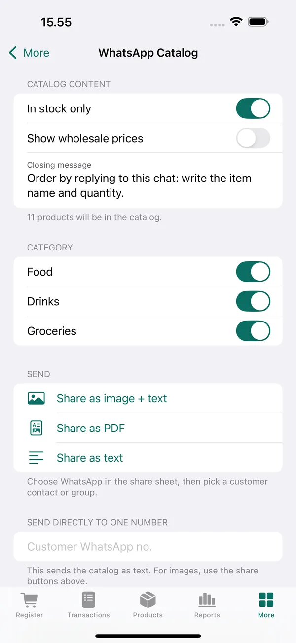 WhatsApp Catalog screen: catalog content options In stock only and Show wholesale prices, the Food, Drinks, and Groceries categories, and buttons to share as image + text, PDF, or text.