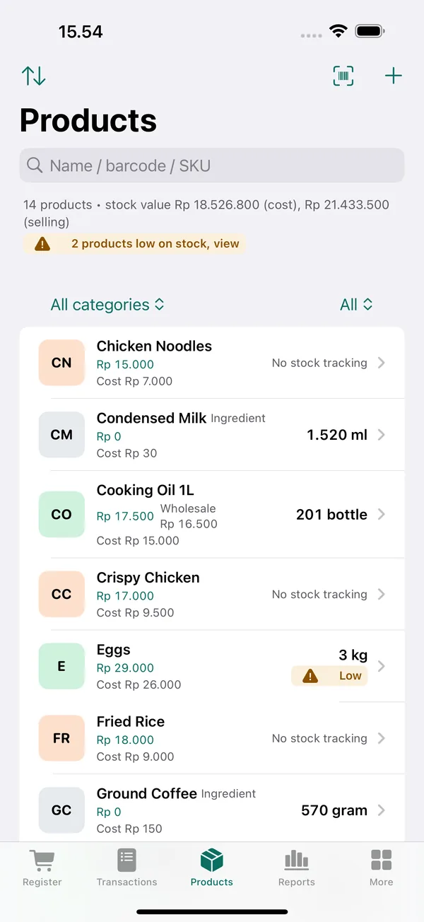 Products screen: product list with selling price, wholesale price, cost price, and remaining stock such as 201 bottles and 1.520 ml, with a warning that 2 products are low on stock.