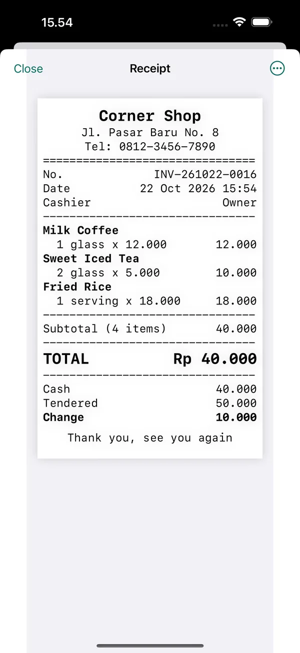 Receipt preview for Corner Shop with Milk Coffee, Sweet Iced Tea, and Fried Rice, totaling Rp 40.000.