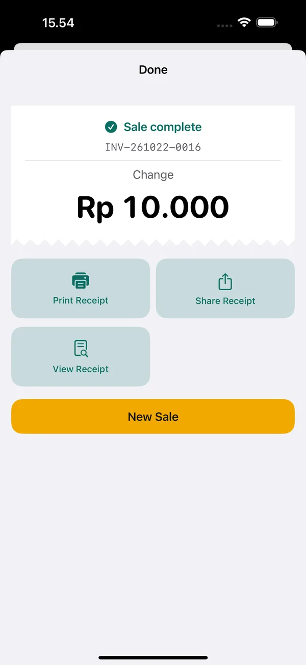 KasirPOS Sale complete screen for receipt INV-261022-0016 with change of Rp 10.000 and the Print Receipt, Share Receipt, View Receipt, and New Sale buttons
