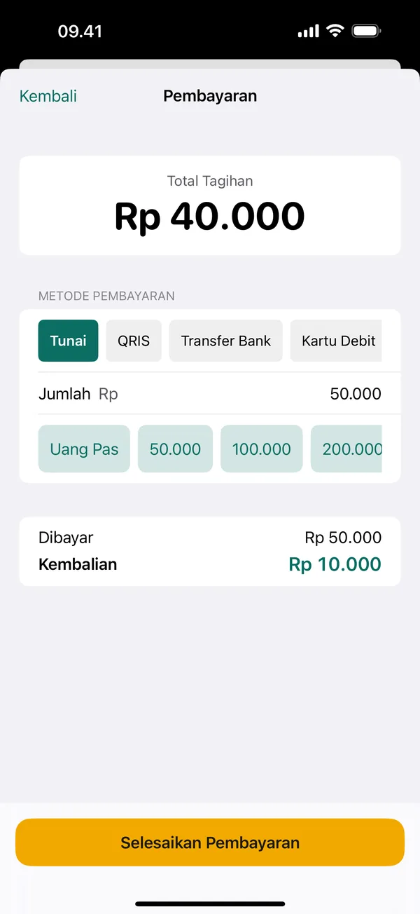 Layar Pembayaran: total tagihan Rp 40.000, metode Tunai, QRIS, Transfer Bank, Kartu Debit, dan kembalian Rp 10.000.