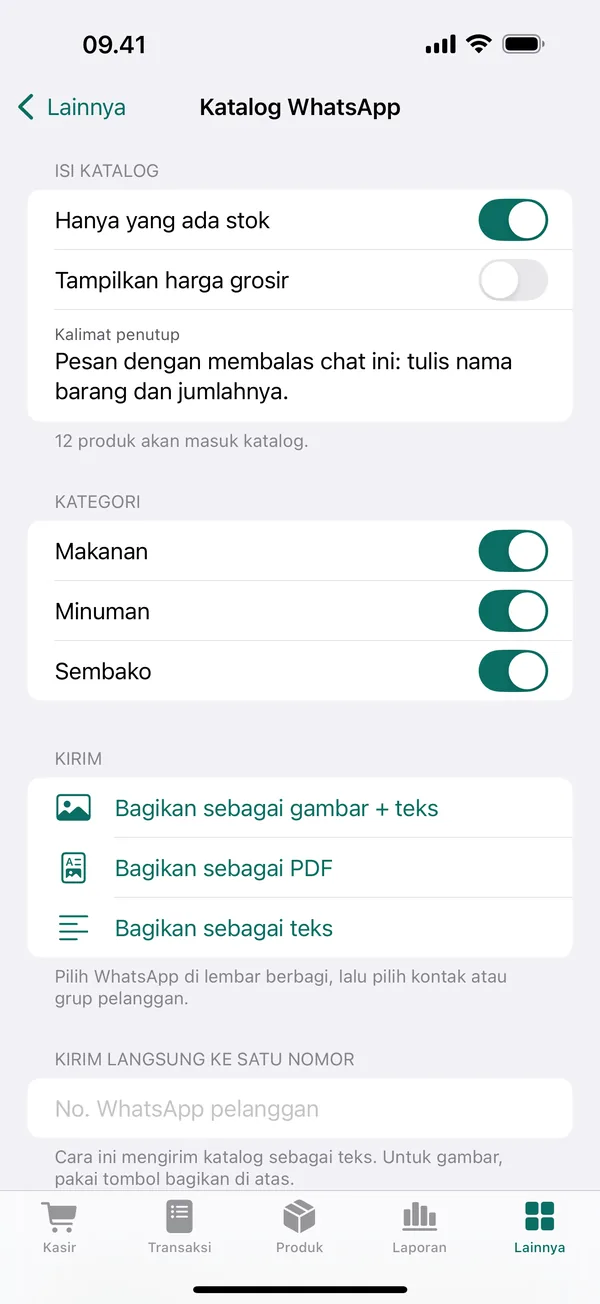 Layar Katalog WhatsApp: pilihan isi katalog, kategori Makanan, Minuman, Sembako, dan tombol bagikan sebagai gambar, PDF, atau teks.