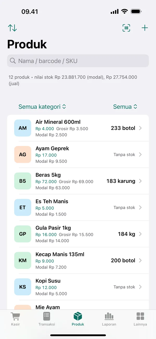 Layar Produk: daftar produk dengan harga jual, harga grosir, harga modal, dan sisa stok seperti 233 botol dan 183 karung.