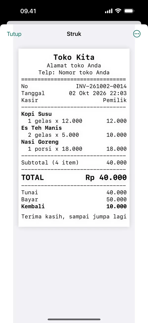 Pratinjau struk Toko Kita berisi Kopi Susu, Es Teh Manis, dan Nasi Goreng dengan total Rp 40.000.