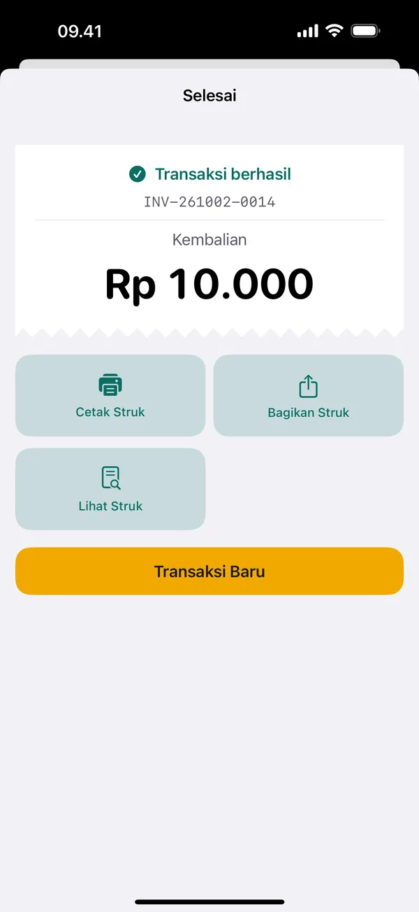 Layar Transaksi berhasil di KasirPOS dengan nomor nota INV-261002-0014, kembalian Rp 10.000, serta tombol Cetak Struk, Bagikan Struk, Lihat Struk, dan Transaksi Baru