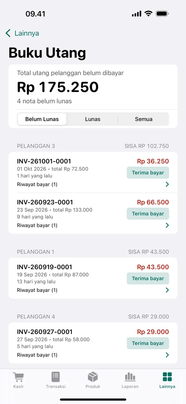 Layar Buku Utang: total utang pelanggan belum dibayar Rp 175.250 dari 4 nota, dikelompokkan per pelanggan dengan tombol Terima bayar.